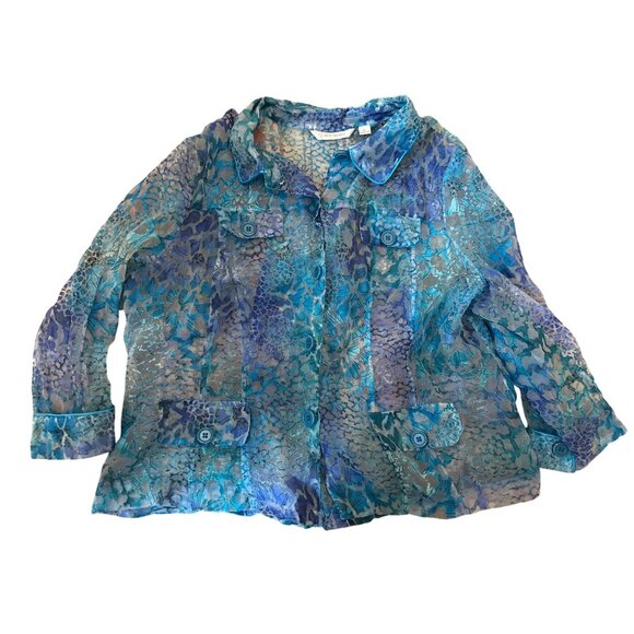 Erin London XL Sheer Button-Up Top Blue & Purple Floral Print Cottage Art - Picture 1 of 5